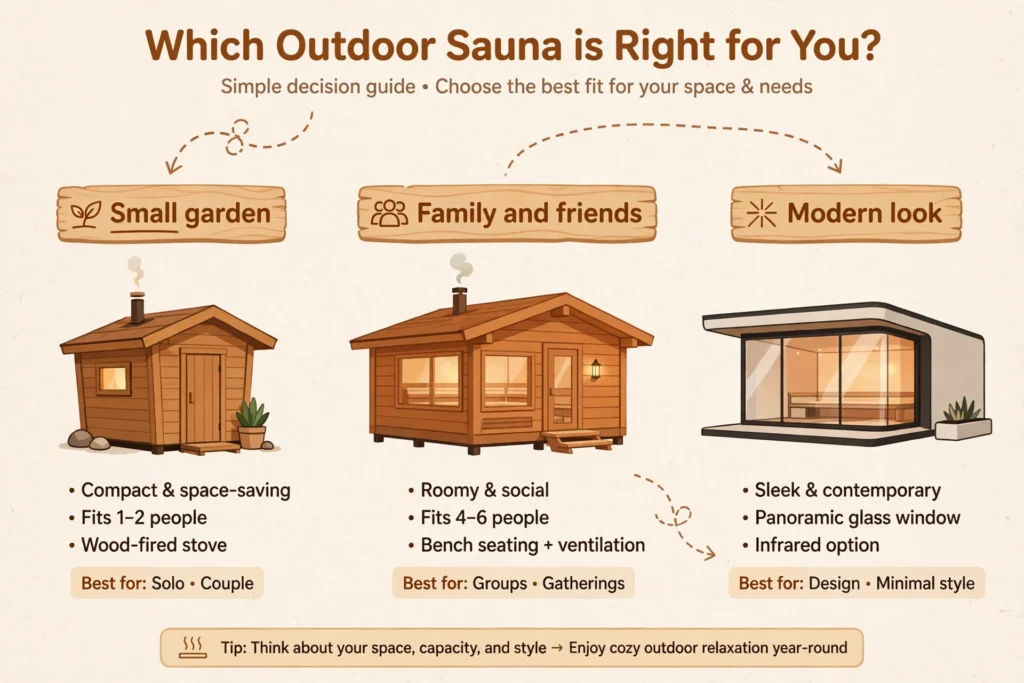 Decision guide for choosing between a barrel vs cabin vs pod sauna by garden size, household and budget